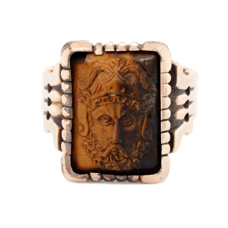 Women’s rings with labradorite for mystic flash -Antique Art Deco Tiger's Eye Zeus Cameo Signet Ring in 14k Rose Gold