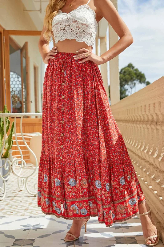 Buttoned Dresses for Stylish -Bohemian Floral Print Midi Skirt