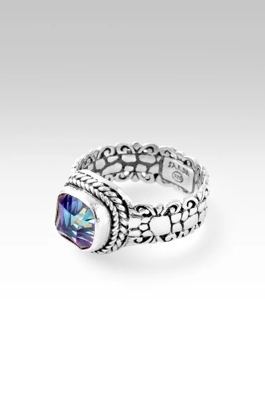 Women’s promise rings with subtle star engravings -Elysian Ring™ in Xanadu™ Mystic Quartz