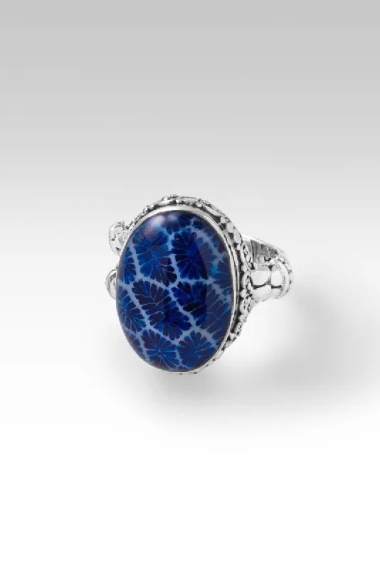 Women’s rings with shield-cut topaz stones -He is Faithful Ring™ in Navy Blue Indonesian Coral