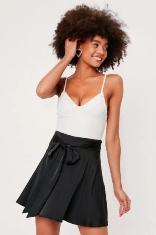 Tiered Dresses for Voluminous -Tie Front Satin Mini Skirt Black