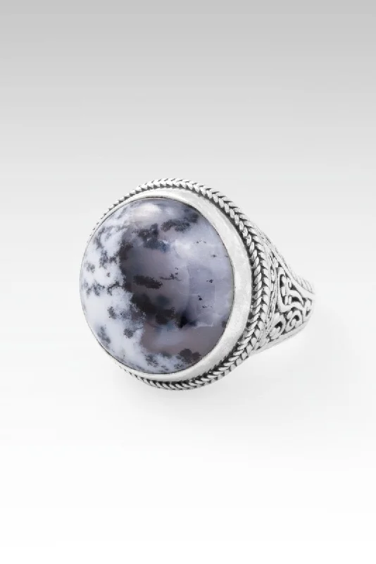 Women’s promise rings with subtle star engravings -Abundance and Prosperity Ring™ in Dendritic Opal