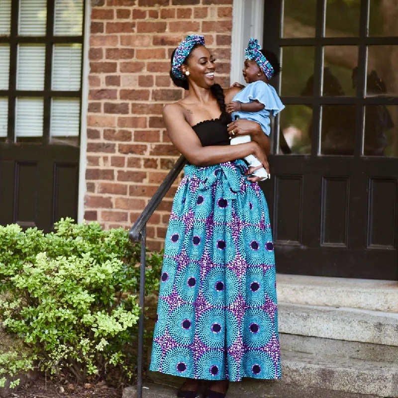 Yellow Dresses for Bright -Circles Blue African Print Maxi Skirt