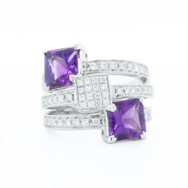 Women’s chunky rings with vibrant ruby inlays -18K White Gold Diamond Amethyst Triple Row Triple Square Ring 0.50ctw Size 6.25