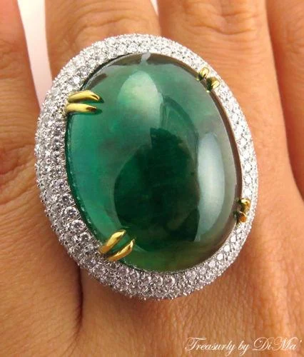 Women’s rings with vintage claw prong settings -GIA 55.40CT ESTATE VINTAGE CABOCHON DEEP GREEN EMERALD DIAMOND RING 18K W GOLD