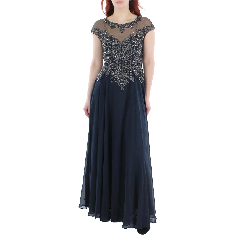 Polyester Dresses for Durable -Xscape Womens Petites Embellished Illusion Evening Dress