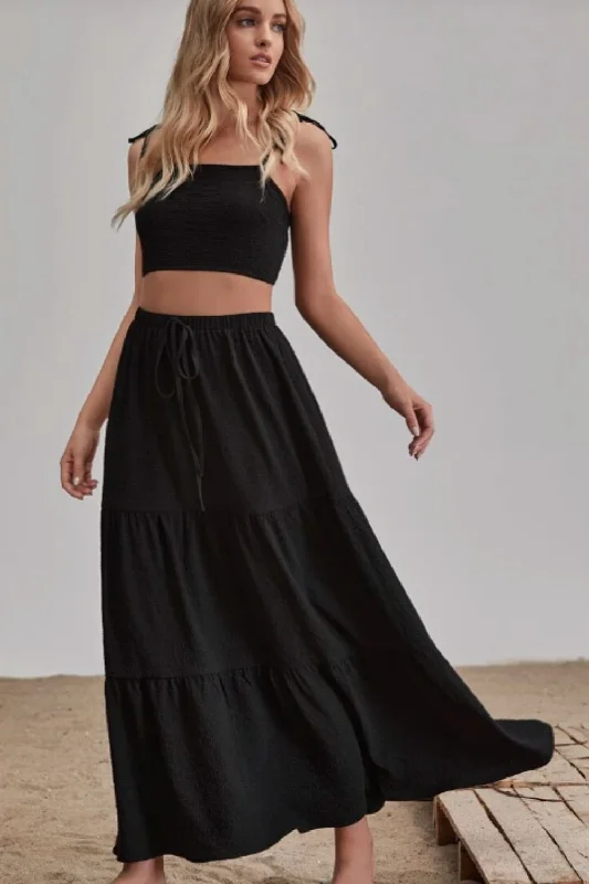 Cotton Dresses for Comfort -Black Tiered Midi Skirt Black