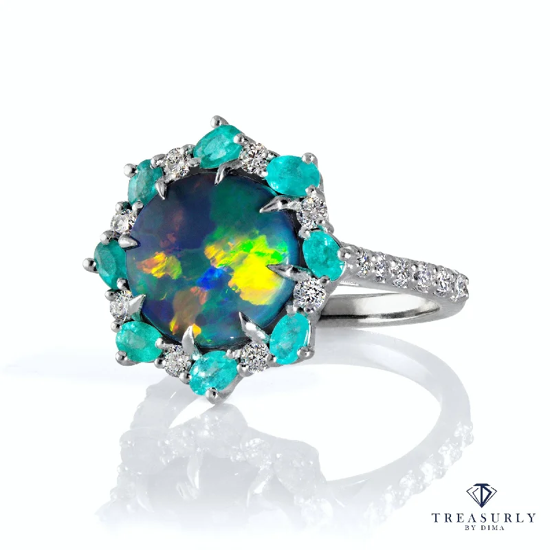 Women’s wide rings with bold amethyst gems -Rare 3.68ctct Australian Black OPAL PARAIBA Tourmaline DIAMOND Cluster Platinum Ring