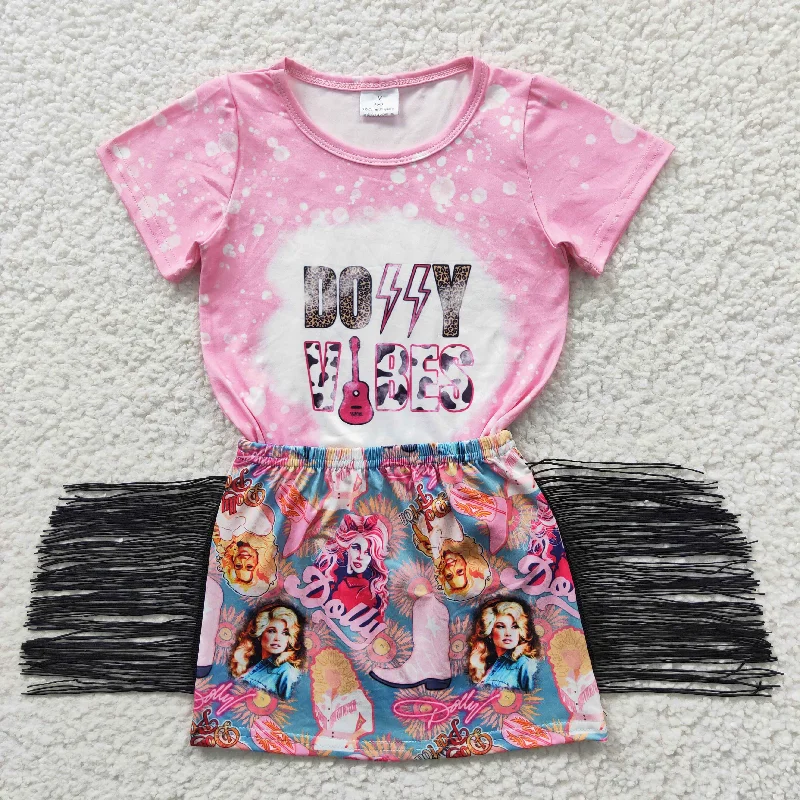 Birthday Dresses for Celebration -girls pink t-shirts tassel skirts sets GSD0317