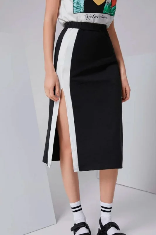 Tie-up Dresses for Decorative -Contrast Side Seam Midi Skirt Black