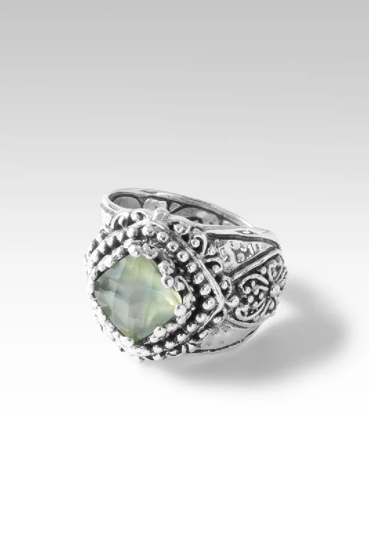 Women’s rings with spiral gold band twists -Graceful Presence Ring™ in Prehnite