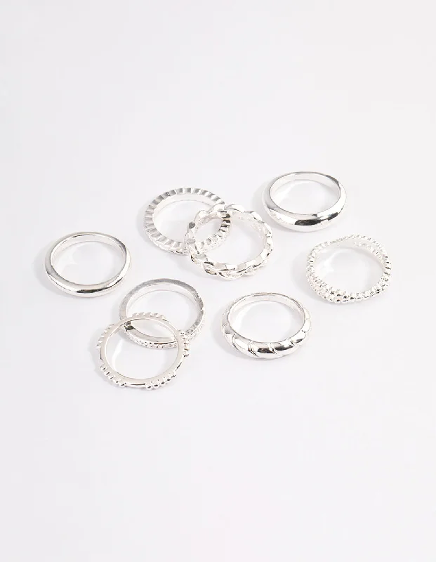 Women’s statement rings with large coral gems -Silver Plain & Molten Twisted Ring 8-Pack