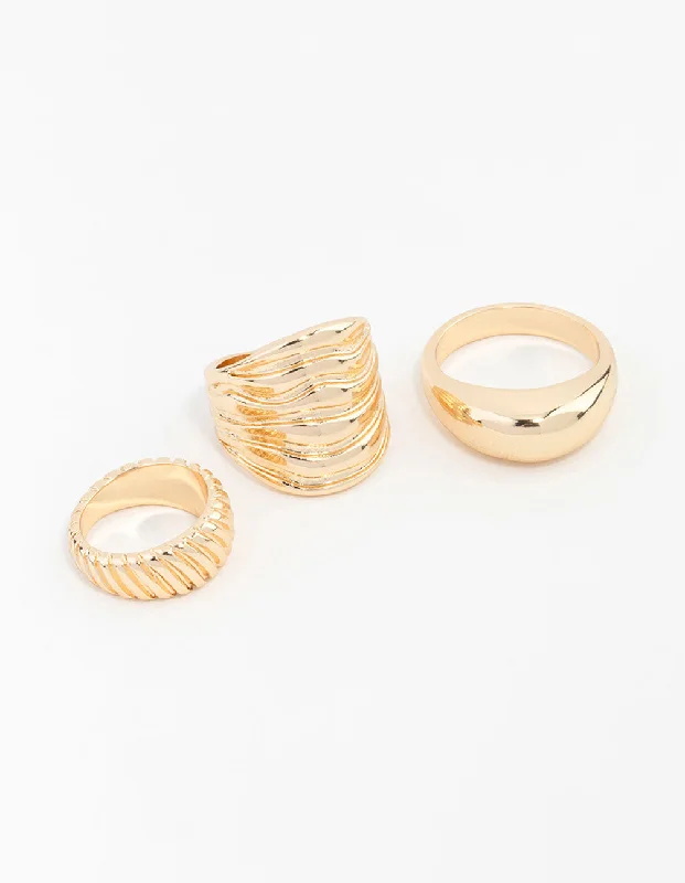 Women’s rings with rainbow moonstone for play -Gold Ribbed Rings 3-Pack