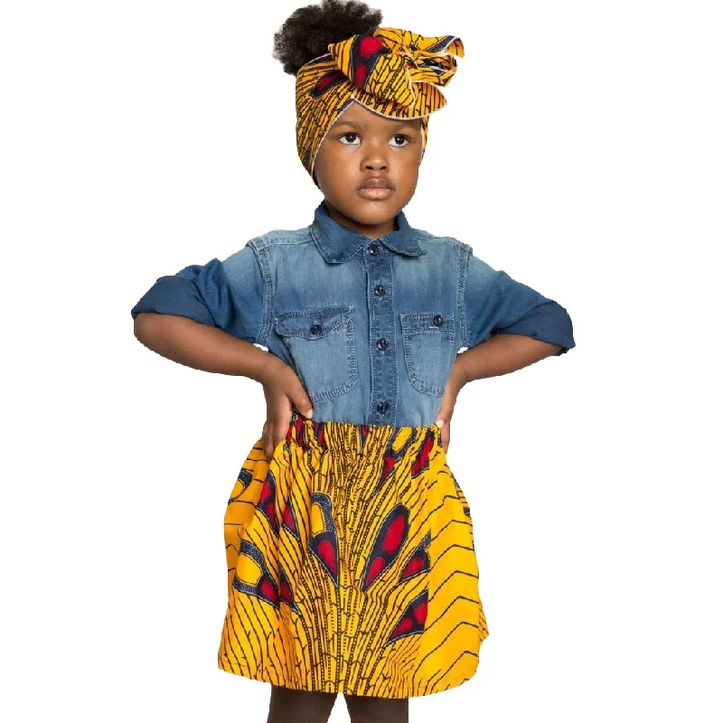 Hippie Dresses with Beads -Yellow African Ankara Skirt with Head Wrap