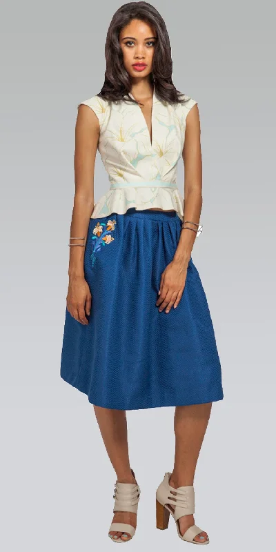 Linen Dresses for Breathable -Embroidered Knee-Length Skirt - Indigo