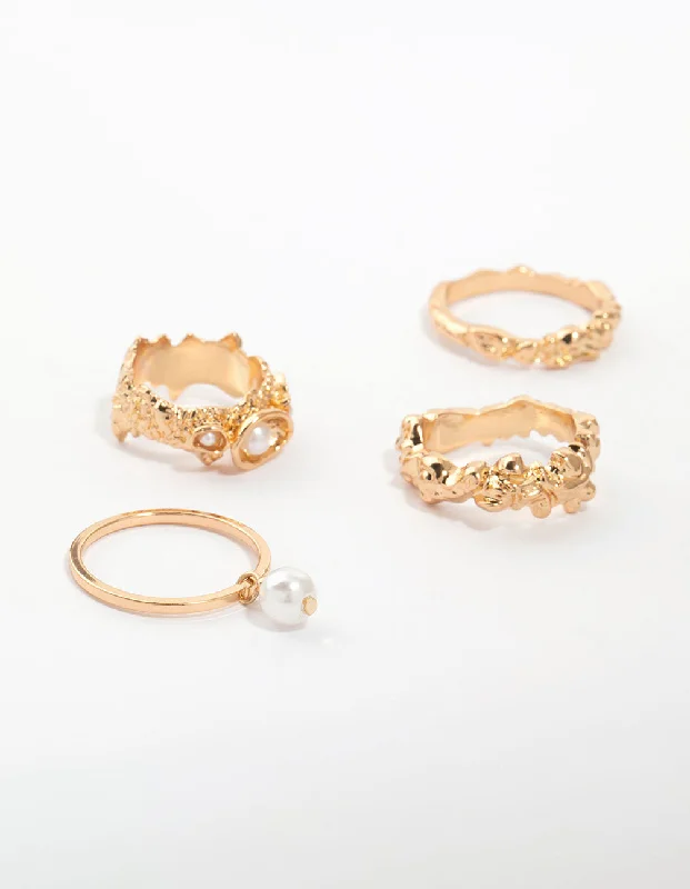 Women’s rings with knot designs for symbolism -Gold Molten Thin Pearl Stacking Rings 4-Pack