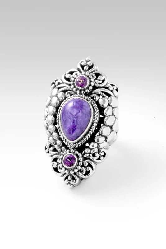 Women’s chunky rings with vibrant ruby inlays -Goodness Follows Me Ring™ in Charoite