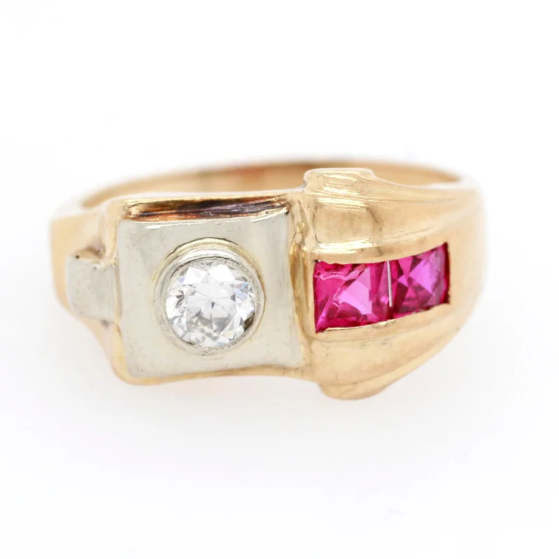 Women’s rings with faceted rose quartz shine -Antique Art Deco 0.20ct Diamond & 0.30ctw Ruby Band Ring in 14k Gold - Size 6.25