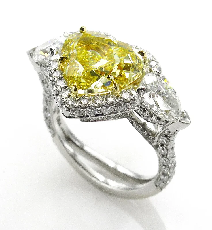 Women’s rings with knot designs for symbolism -GIA “Canary” 6.16ctw Natural Fancy YELLOW HEART & Pear Shaped Diamond 3 Stone Halo Pave Ring