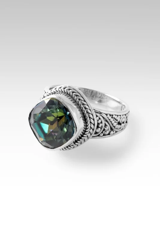 Women’s rings with rough garnet for rugged -Eternal Life Ring™ in True Meiosis™ Mystic Quartz