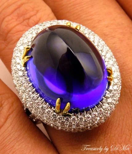 Women’s rings with peacock ore for iridescence -GIA 26.30CT ESTATE VINTAGE AAA DEEP SHUGARLOAF VIOLET TANZANITE DIAMOND RING 18K