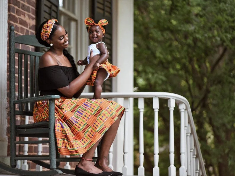 Belted Dresses for Shaping -Orange Kente Mommy and Me Skirt Set