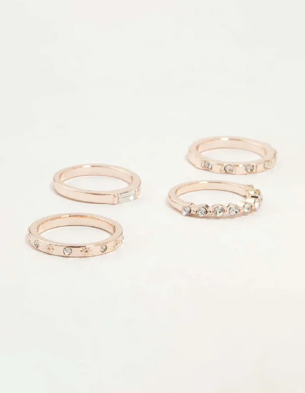 Women’s engagement rings with radiant-cut rubies -Rose Gold Plated Molten & Diamante Rings 6-Pack