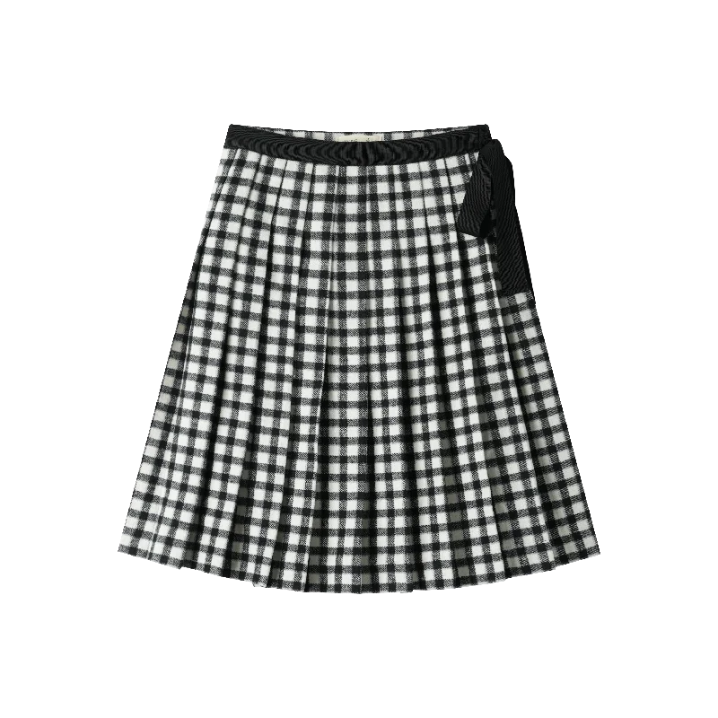 Purple Dresses for Royalty -CHECKERED PLEATED SKIRT WITH TIE-BLACK CHECKERED