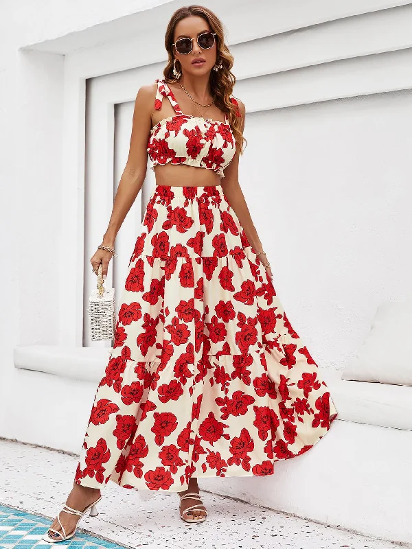 A-line Dresses for Flattering -Floral Tie Shoulder Top and Tiered Maxi Skirt Set