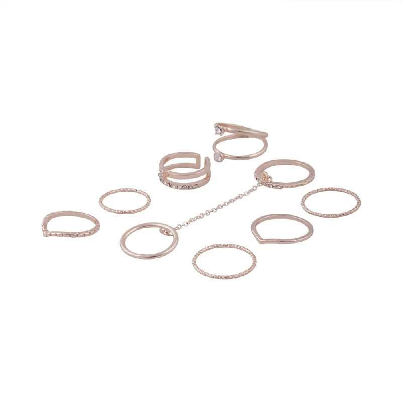 Women’s rings with aventurine for green luck -Rose Gold 8-Pack Rings With Knuckle Chain Link