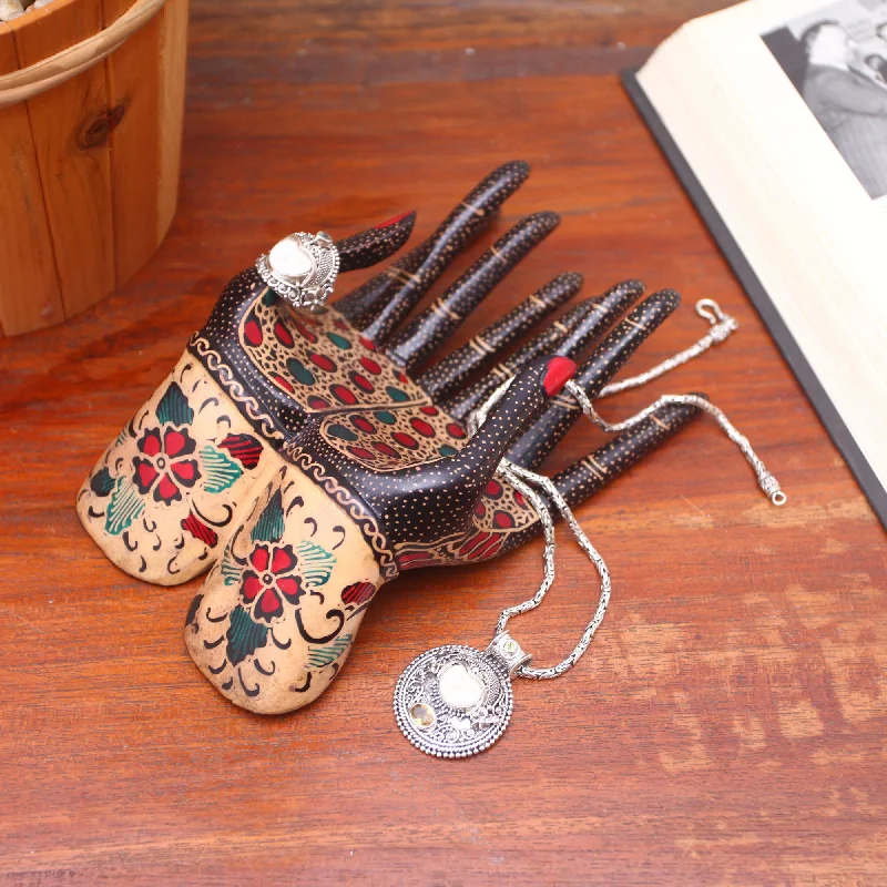 Women’s wide rings with bold amethyst gems -Beautiful Hands Floral Batik Wood Ring Holder from Java