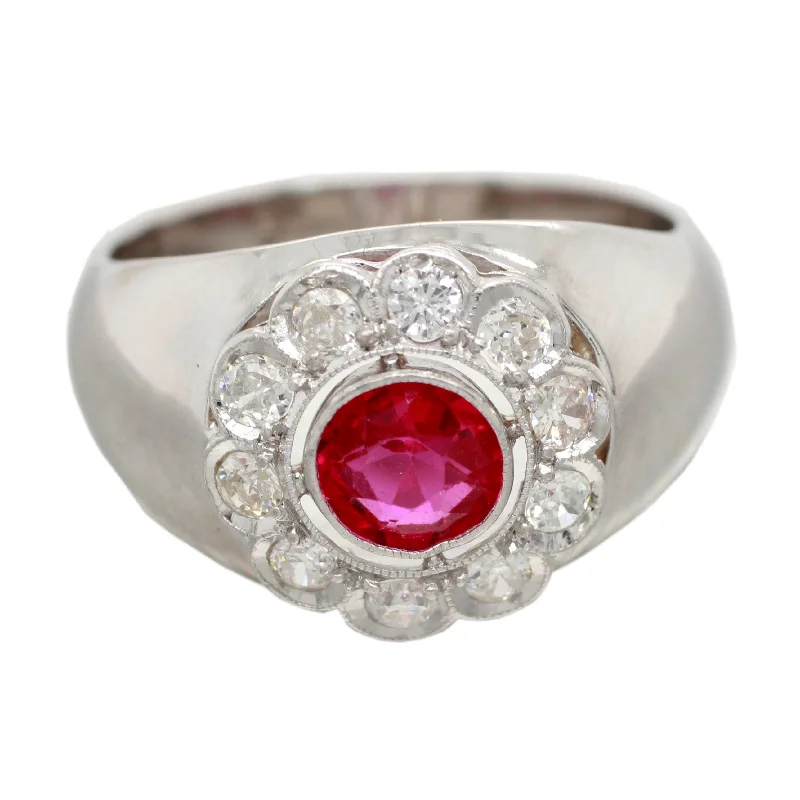 Women’s rings with fluorite stones for hues -Antique Art Deco 0.75ct Ruby and Diamond Flower Band Ring in 18k White Gold