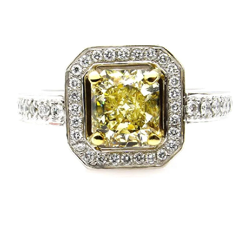 Women’s bridal rings with diamond halo settings -Fine GIA 2.0ctw Estate Vintage Natural Fancy Yellow Radiant Diamond Engagement Wedding 18K Ring