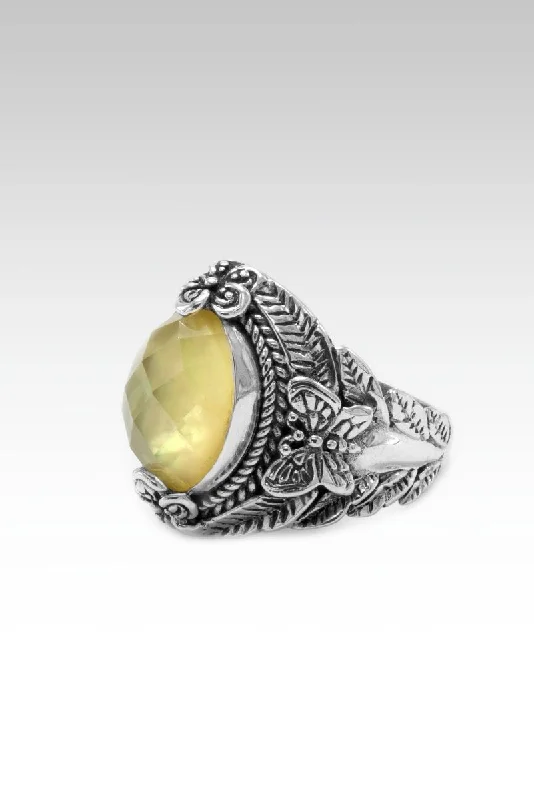 Women’s rings with raw moonstone for mystique -Ephemeral Ring™ in Buttercup Mother of Pearl Quartz Triplet