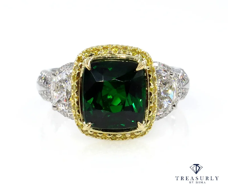 Women’s rings with brushed gold for subtlety -GIA 5.25ctw Natural TSAVORITE Cushion 3 Stone Fancy Yellow Diamond Halo Ring