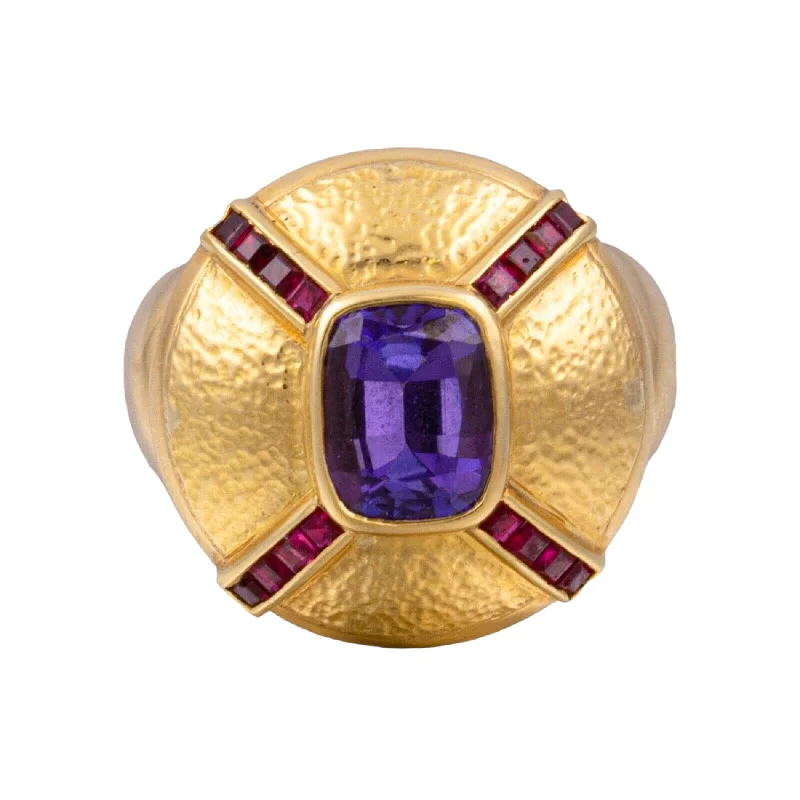 Women’s vintage-style rings with oxidized finish -Vintage 18k Yellow Gold 2.75ct Cushion Tanzanite Ruby Hammered Dome Ring