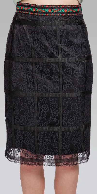 Tie-up Dresses for Decorative -Jacquard Ribbon Band Knee-Length Border Lace Skirt - Black