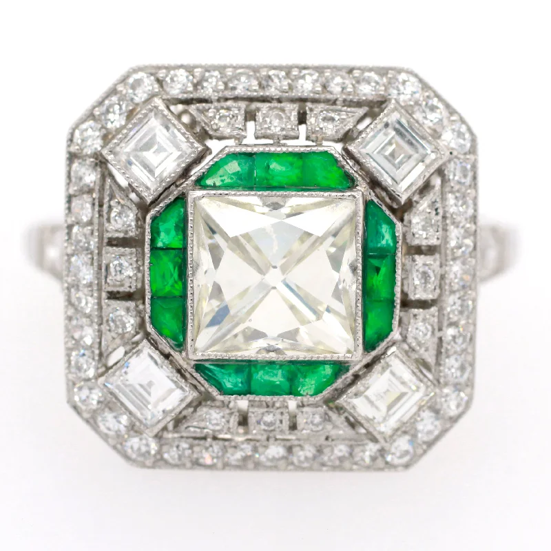 Women’s rings with intricate mandala engravings -Antique Art Deco 2.50ctw Diamond & Emerald Square Cocktail Ring - Platinum