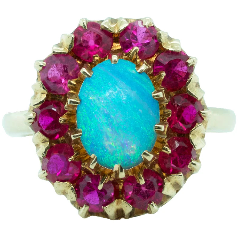 Women’s rings with hematite for metallic shine -Ladies Antique Estate 10K Yellow Gold 1.18ctw Opal Ruby Cluster Cocktail Ring