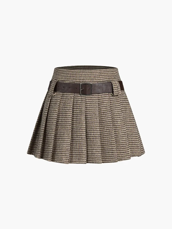 Linen Dresses for Breathable -BerryBetty - Houndstooth Belted Pleat Mini Skirt