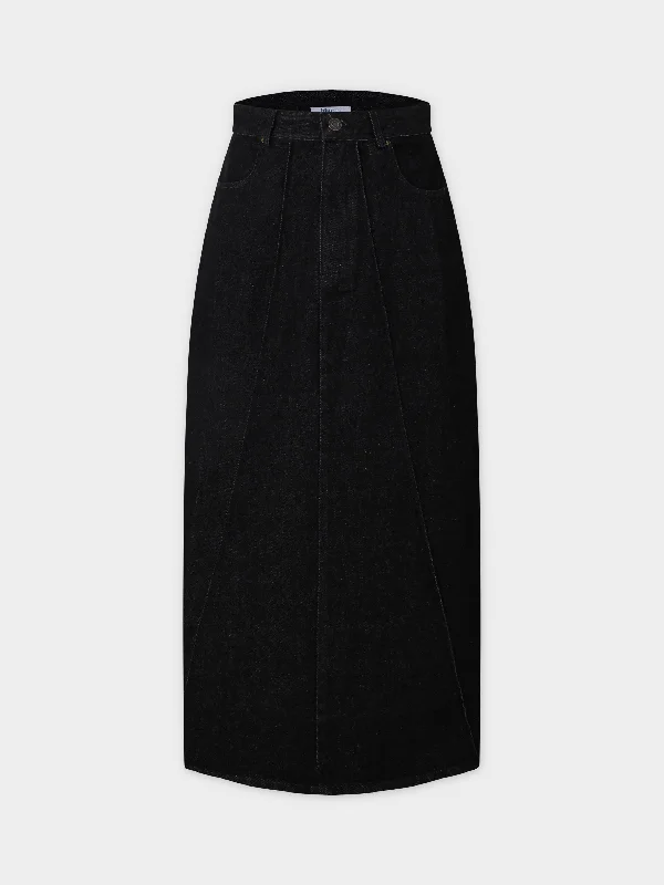 Short-sleeved Dresses for Summer -Denim Seamed Skirt-Deep Black