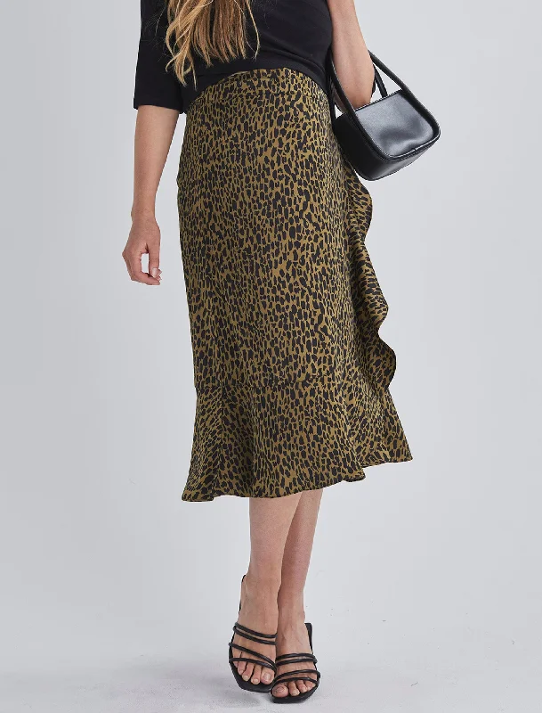 Minimalist Dresses for Simplicity -Christie Maternity Wrap Midi Skirt in Khaki Leopard Print