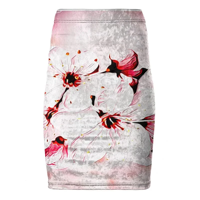 Polyester Dresses for Durable -Floral Embosses: Pictorial Cherry Blossoms 01-02 Designer Pencil Mini Skirt