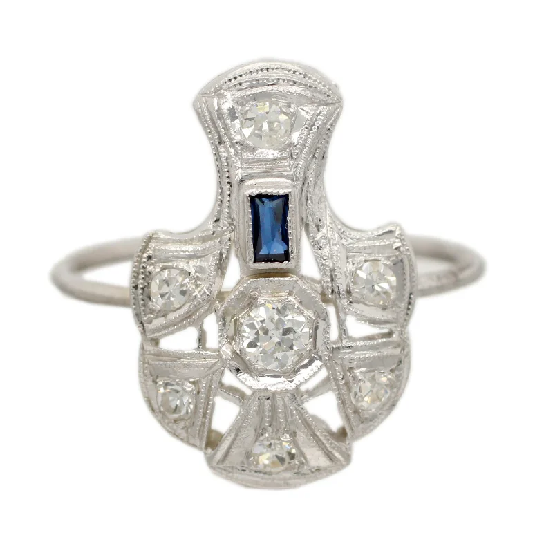 Women’s rings with clustered rose quartz stones -Antique Art Deco 0.40ctw Diamond & Sapphire Pin Conversion Ring - 14k White Gold