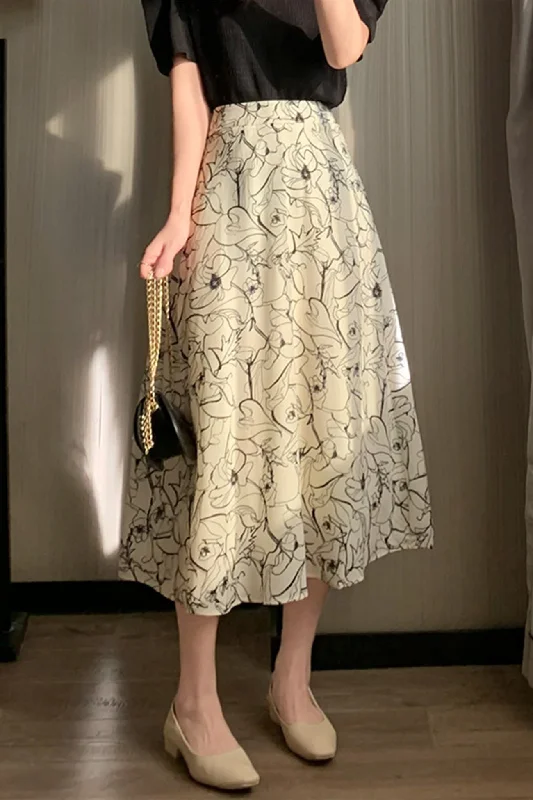 White Dresses for Pure Look -Abstract Print Midi Skirt