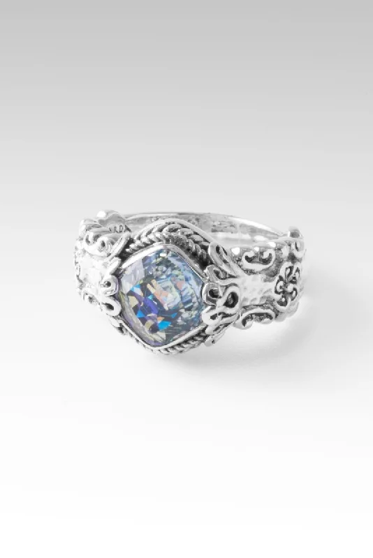 Women’s rings with engraved constellations for stars -Blooming Joy Ring™ in Green Reflections™ Mystic Quartz