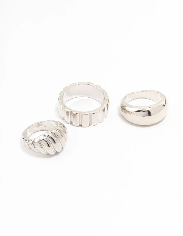 Women’s titanium rings with sleek modern designs -Rhodium Smooth & Ribbed Rings 3-Pack