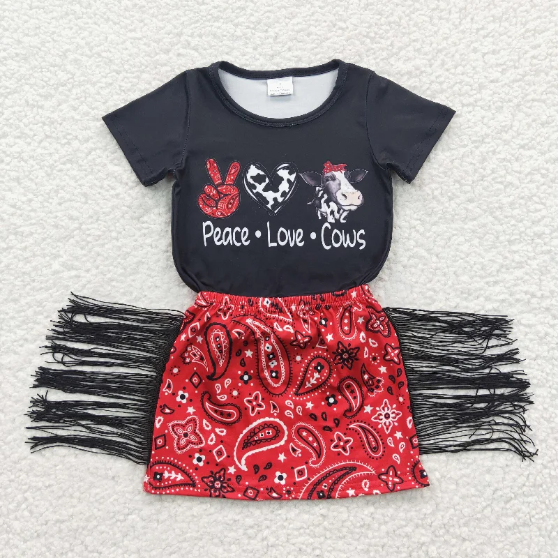 Party Dresses for Celebration -girls black t-shirts tassel skirts sets GSD0302