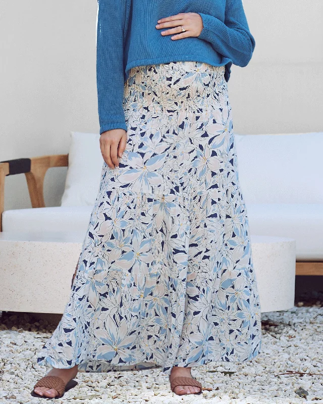 Belted Dresses for Shaping -Ellie Maternity Shirred Maxi Skirt Dress in Navy Floral Print