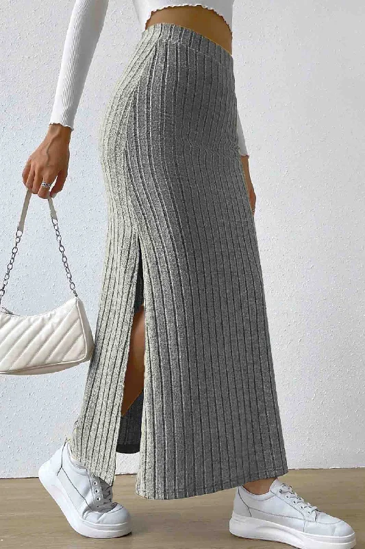 Studded Dresses for Statement -Solid Color Slit Knitted Skirt